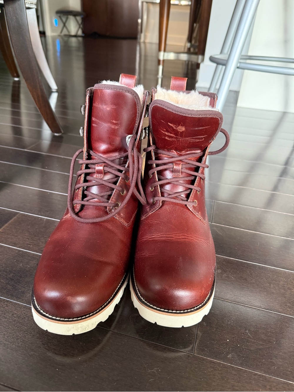UGG Men's Burgundy Leather Lace-Up Shearling Collar Boots